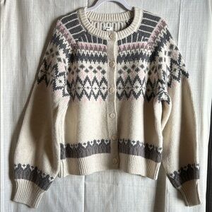 Aerie Cream and Gray Fair Isle Cardigan Size Large